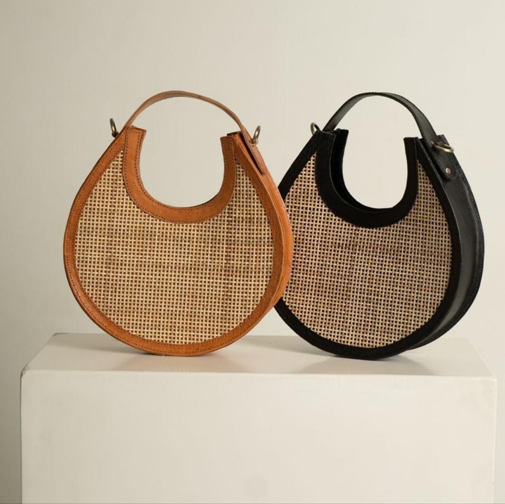 Street Level Ajeng Rattan Crossbody Brown Leather Handmade Woven Women's Bag - Picture 7 of 9